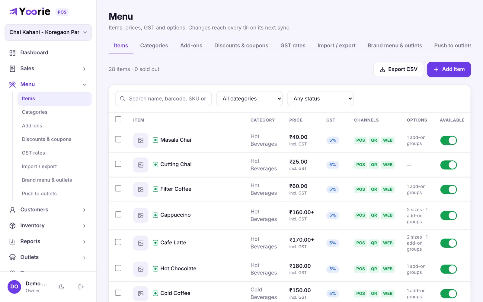 Billowa menu screen listing items with category, price including GST, GST rate and channels
