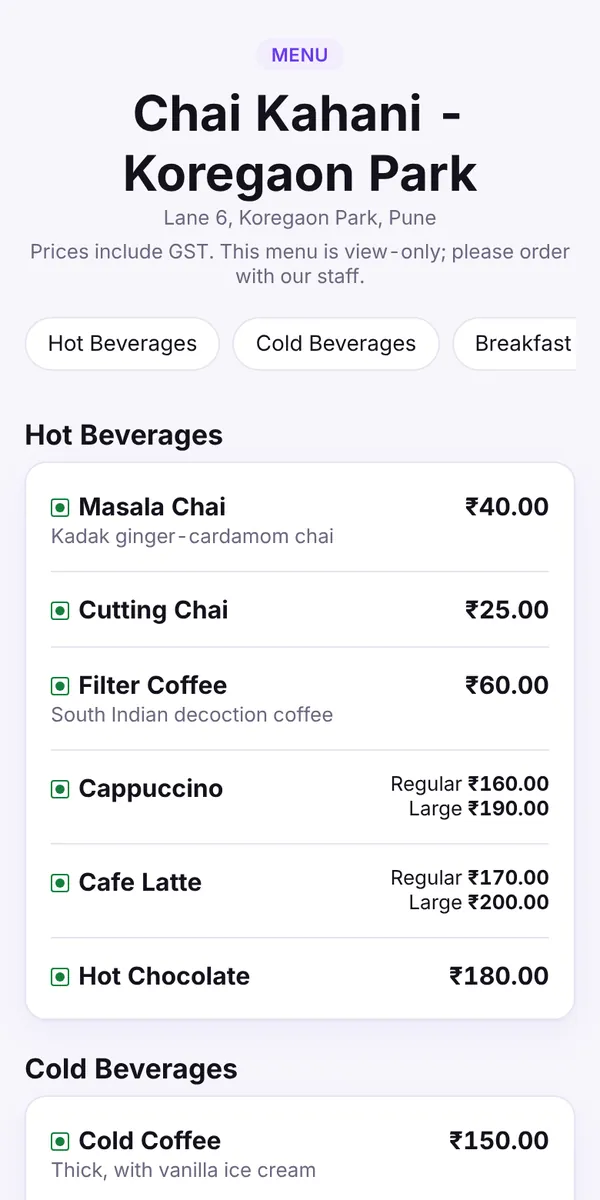 Billowa QR menu on a phone, with categories and GST-inclusive prices